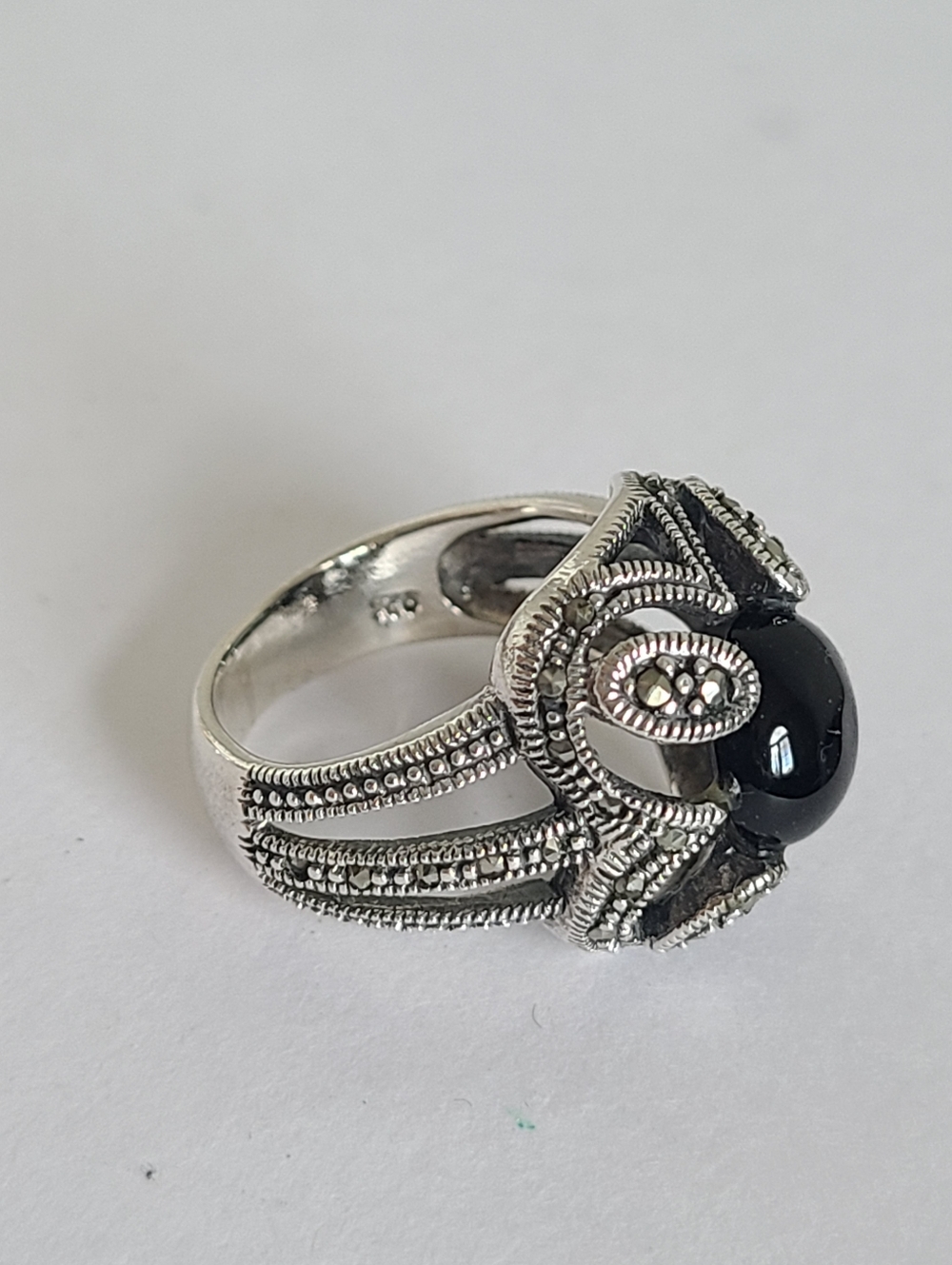Vintage Boho Sterling Silver Black Onyx Floating Cabochon Marcasite Crystal Ring - Picture 10 of 14